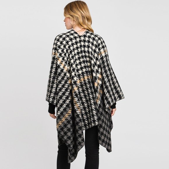 Houndstooth Patterned Ruana Poncho - Picture 2 of 2